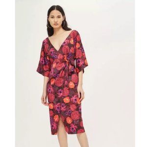 Topshop Kimono Wrap Midi Dress Floral Deep V-Neck